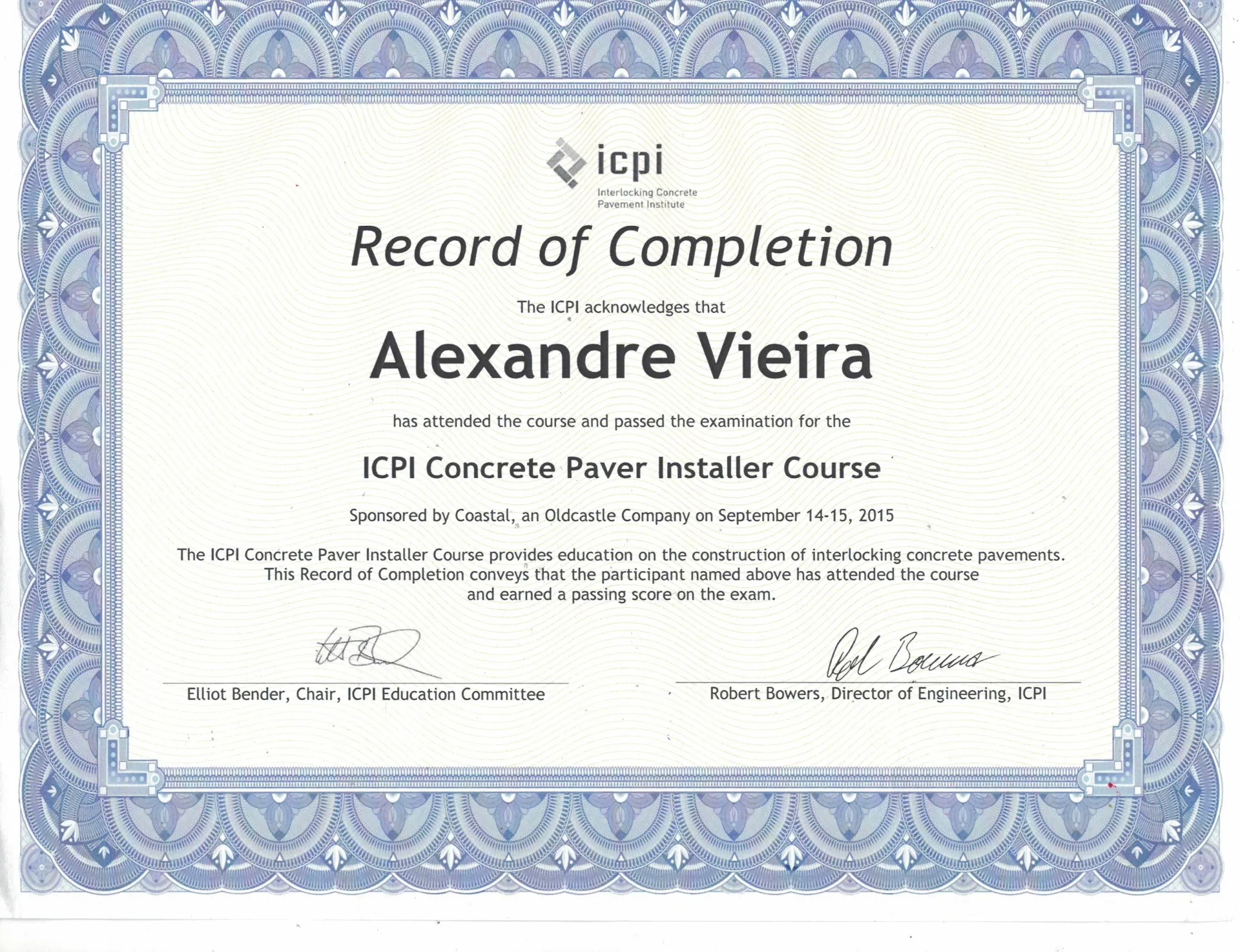 ICPI Concrete Paver Installer — Record of Completion